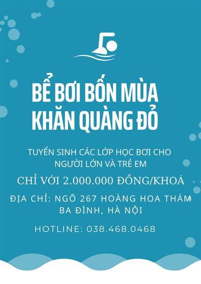 THÔNG BÁO TUYỂN SINH KHOÁ HỌC BƠI CHO NGƯỜI LỚN VÀ TRẺ EM